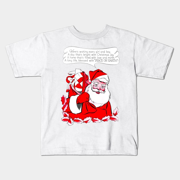 Santa Claus wishing Merry Christmas and peace in the world Retro Vintage Comic Kids T-Shirt by REVISTANGO